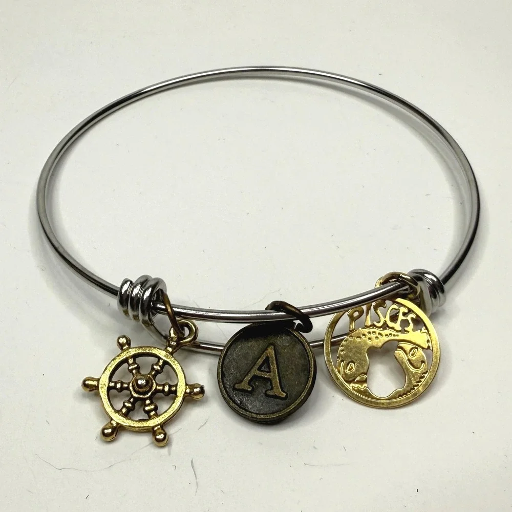Zodiac Pisces Charm Bangle Bracelet Silver Gold Tone Initial A Nautical Wheel